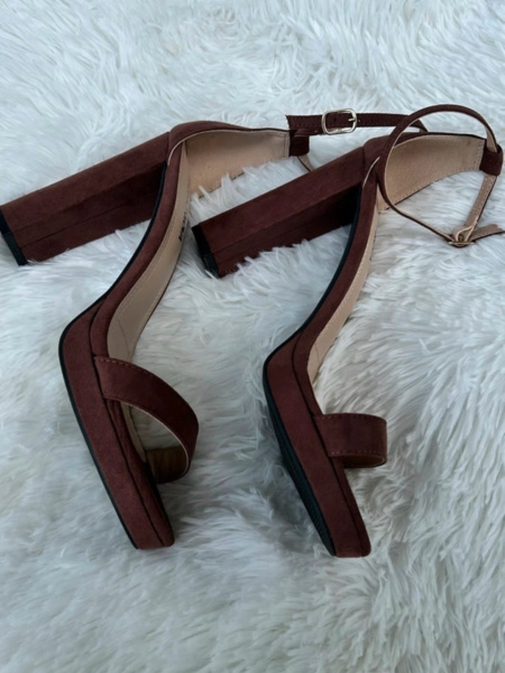Fashion Nova Dark Brown Suede Block Heel Ankle Strap Sandals